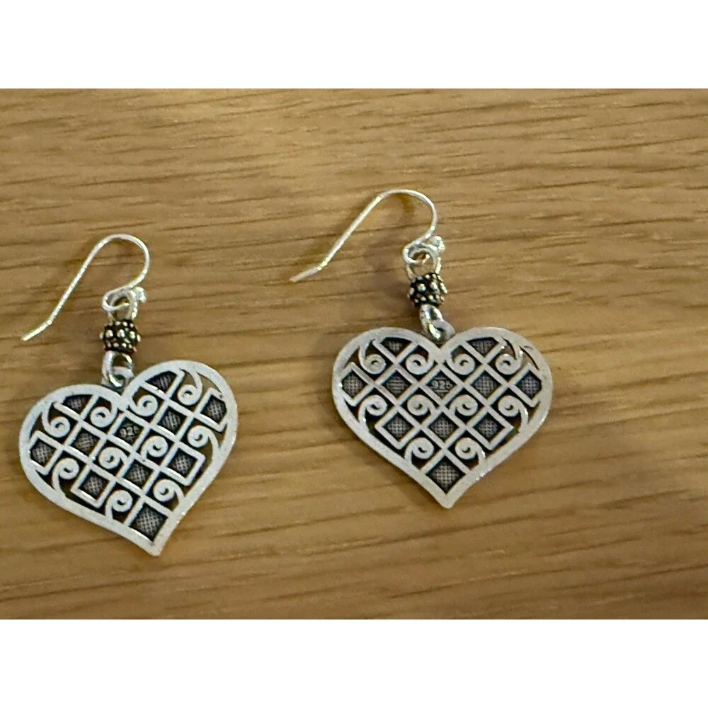 Vintage Filigree Love Heart Dangle Hook Earrings 1990s Art‎ Deco Style 925 Rare